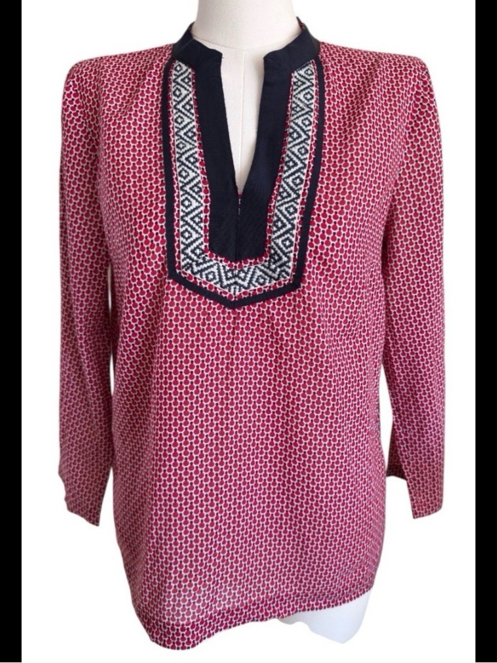 Talbots Red and Navy Printed Tunic with Embroidered Placket